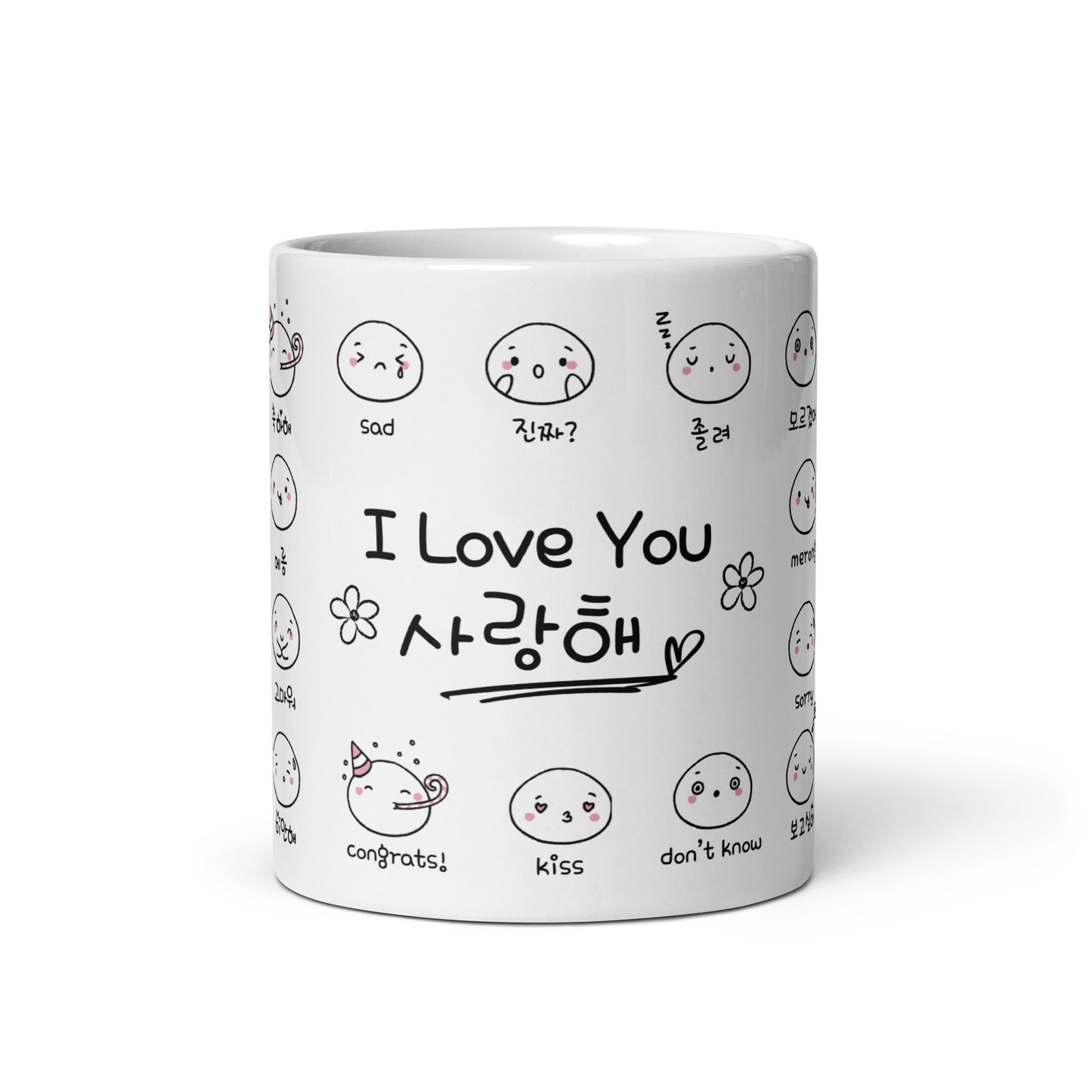 Saranghae Cute Hangul Mug with Learning Korean Words for emotions