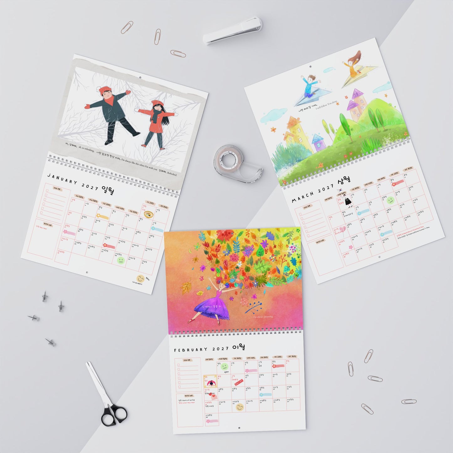 2027 Korean Wall Calendar | Hangul calendar | Healing Comforting | Illustrated Monthly Planner