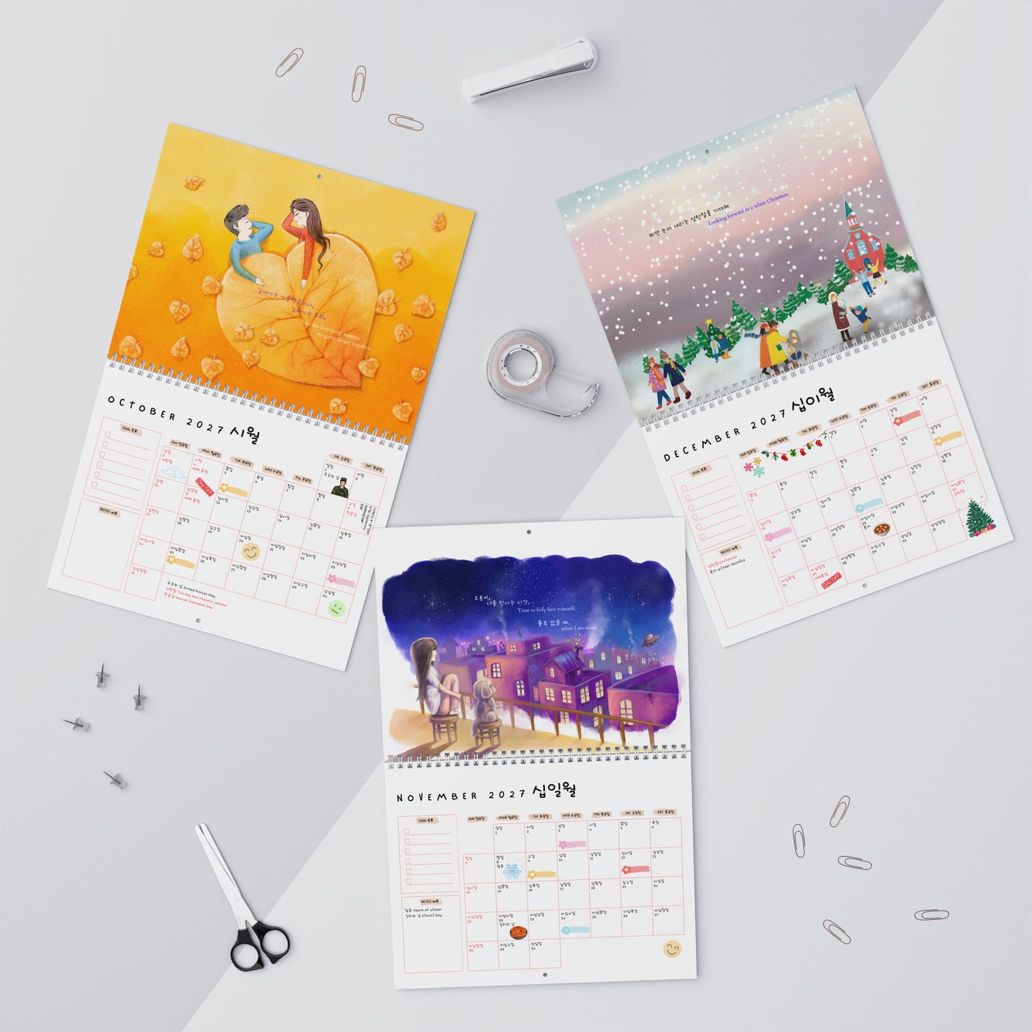 2027 Korean Wall Calendar | Hangul calendar | Healing Comforting | Illustrated Monthly Planner